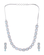 VOJ Silver Plated Sea Green Stone Studded Rectangular AD Jewellery Set