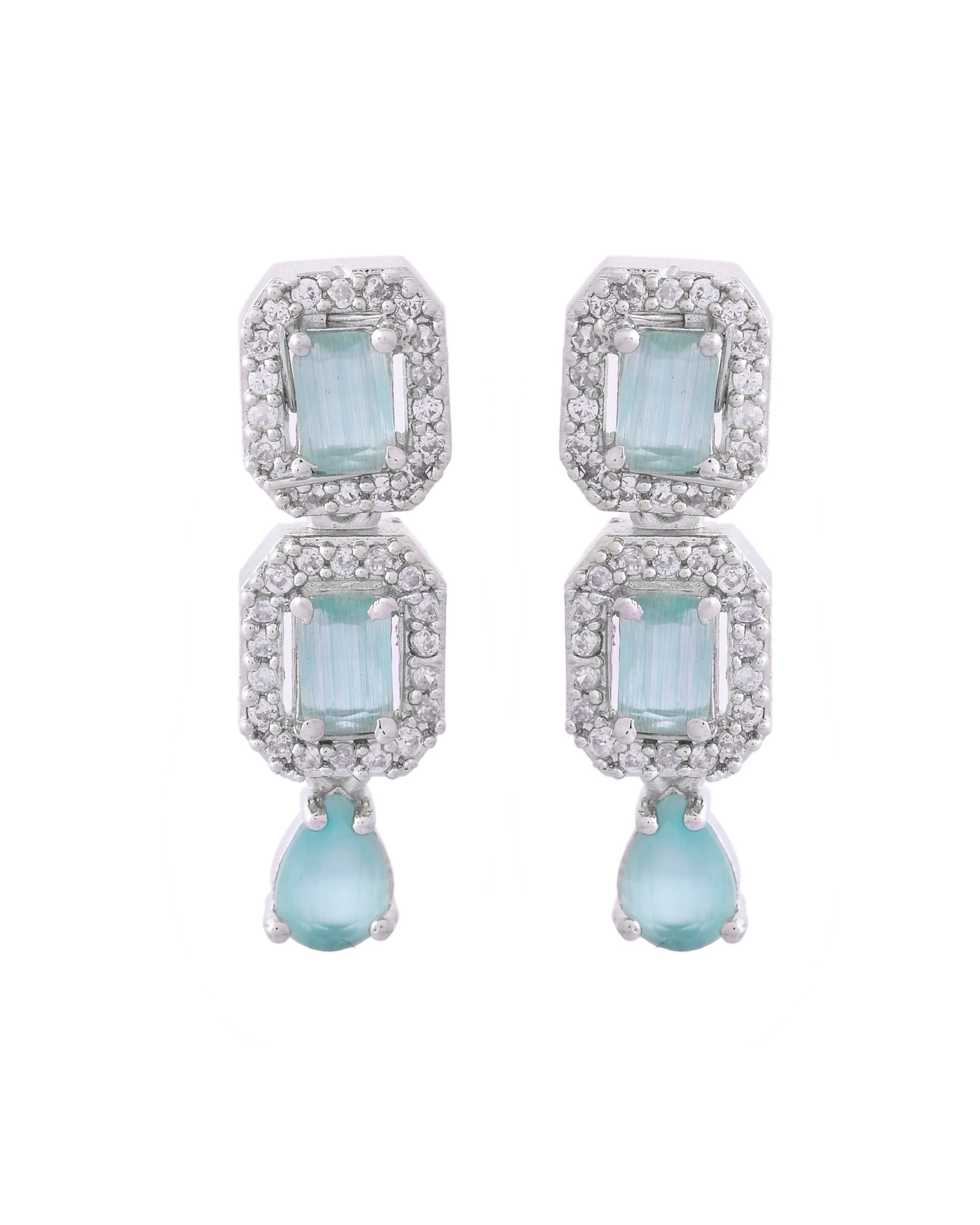 VOJ Silver Plated Sea Green Stone Studded Rectangular AD Jewellery Set