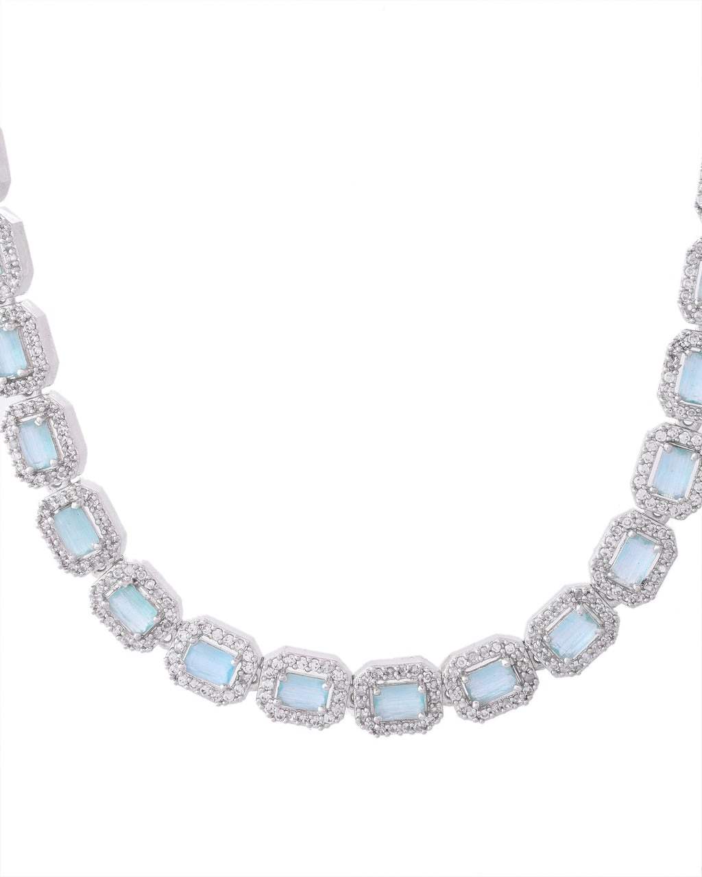 VOJ Silver Plated Sea Green Stone Studded Rectangular AD Jewellery Set