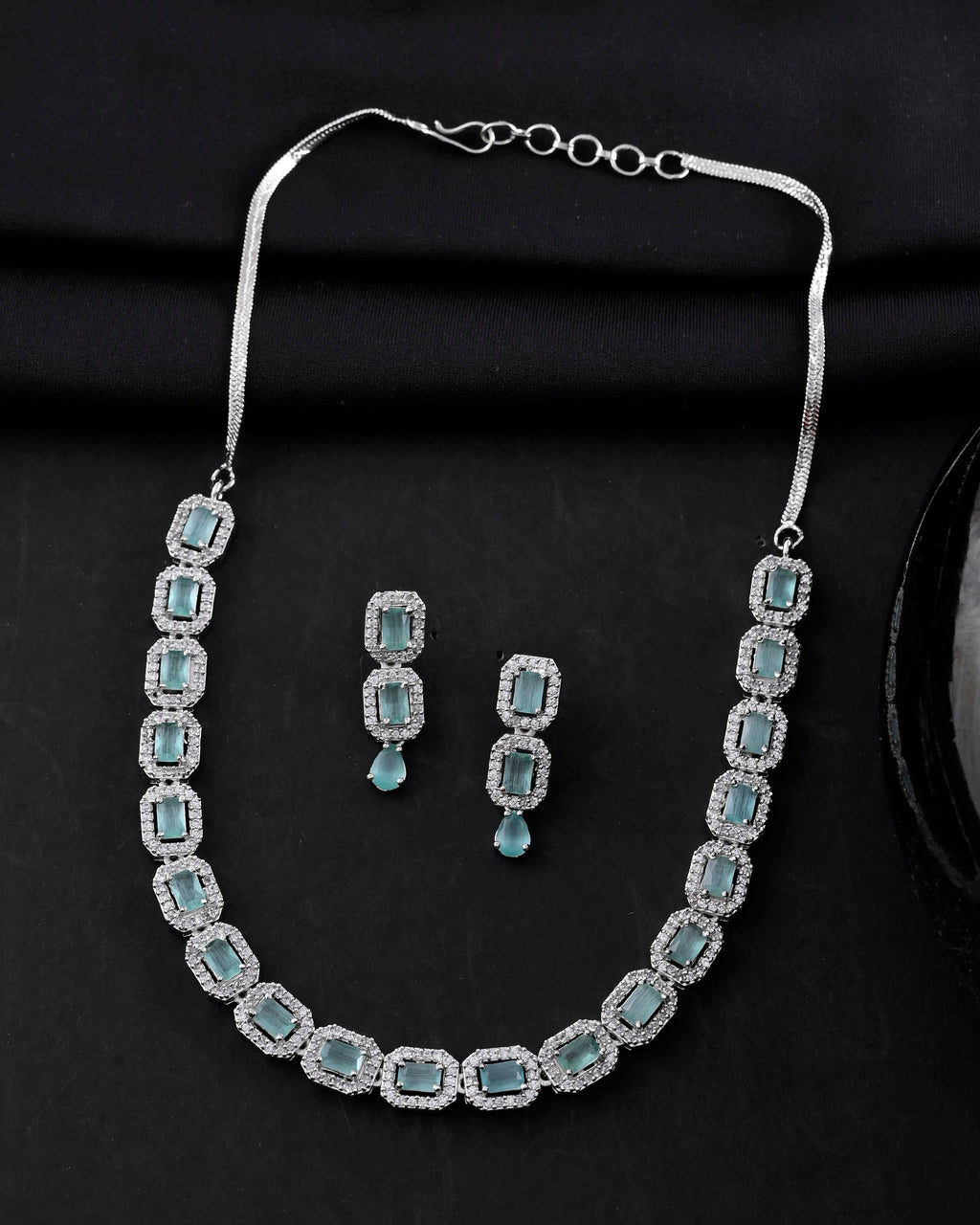VOJ Silver Plated Sea Green Stone Studded Rectangular AD Jewellery Set