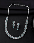 VOJ Silver Plated Sea Green Stone Studded Rectangular AD Jewellery Set