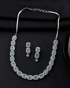 VOJ Silver Plated Sea Green Stone Studded Rectangular AD Jewellery Set
