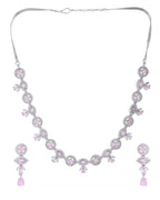 VOJ Silver Toned White And Baby Pink Stone Studded AD Jewellery Set