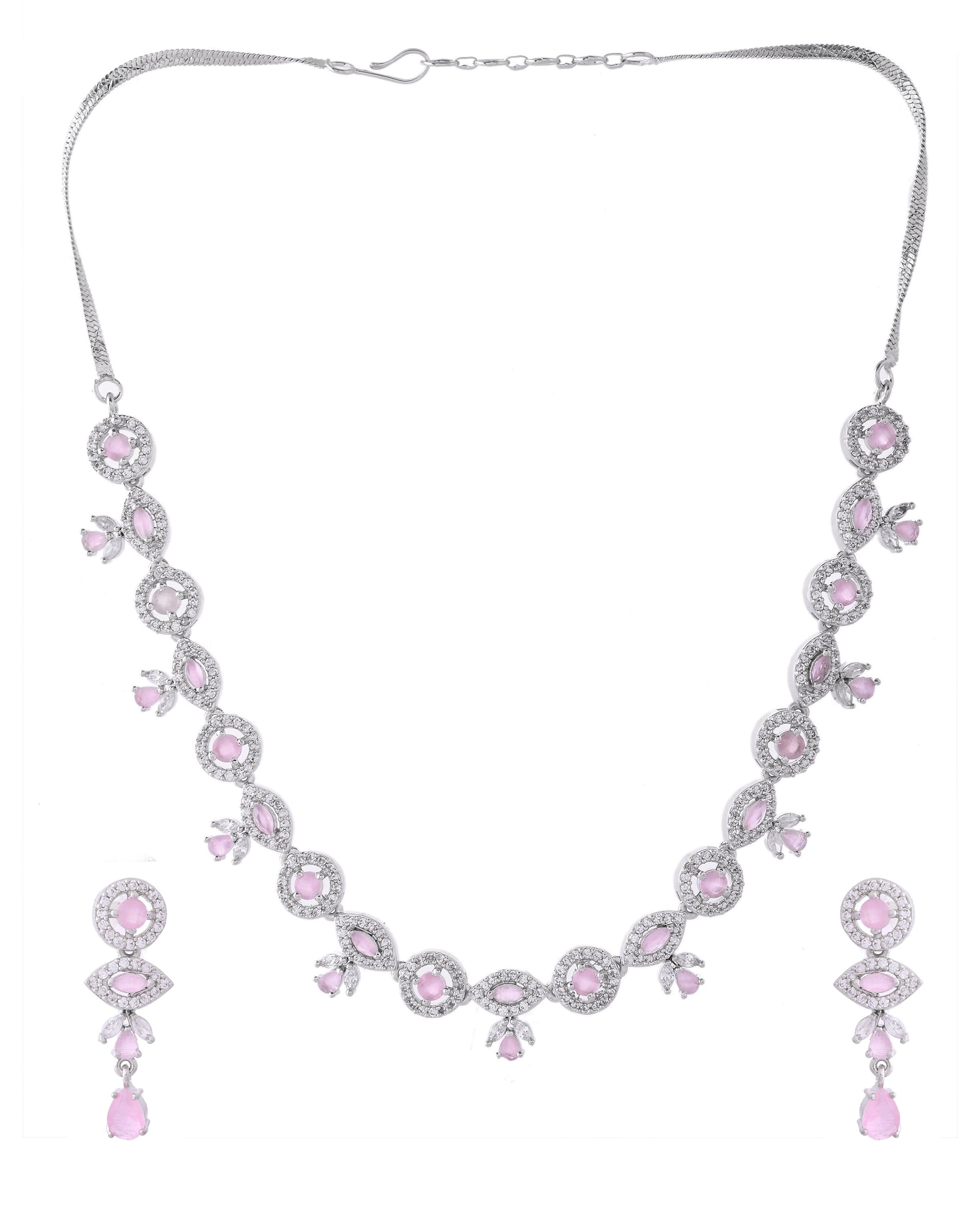 VOJ Silver Toned White And Baby Pink Stone Studded AD Jewellery Set