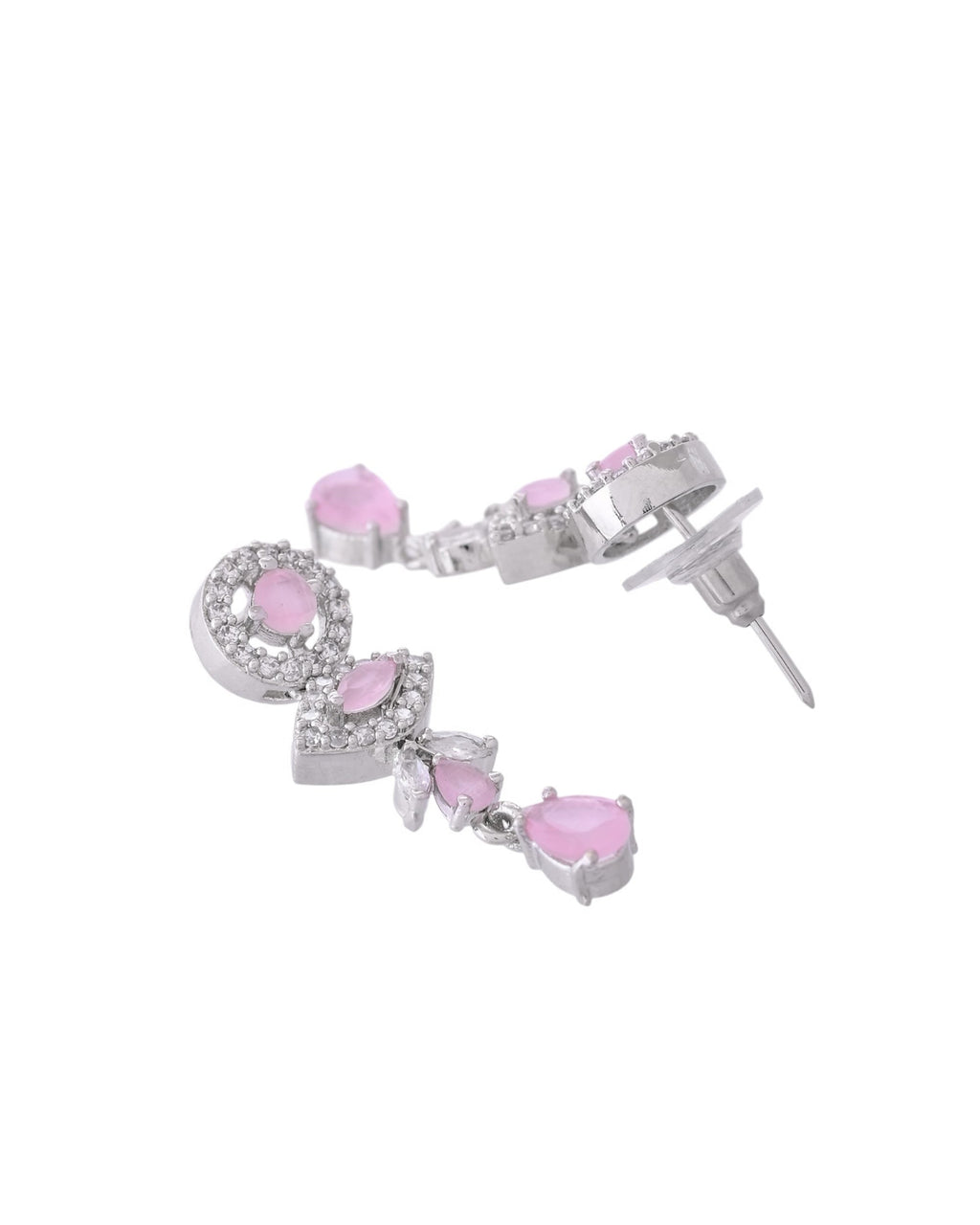 VOJ Silver Toned White And Baby Pink Stone Studded AD Jewellery Set