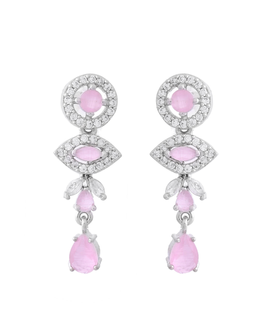 VOJ Silver Toned White And Baby Pink Stone Studded AD Jewellery Set
