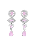 VOJ Silver Toned White And Baby Pink Stone Studded AD Jewellery Set