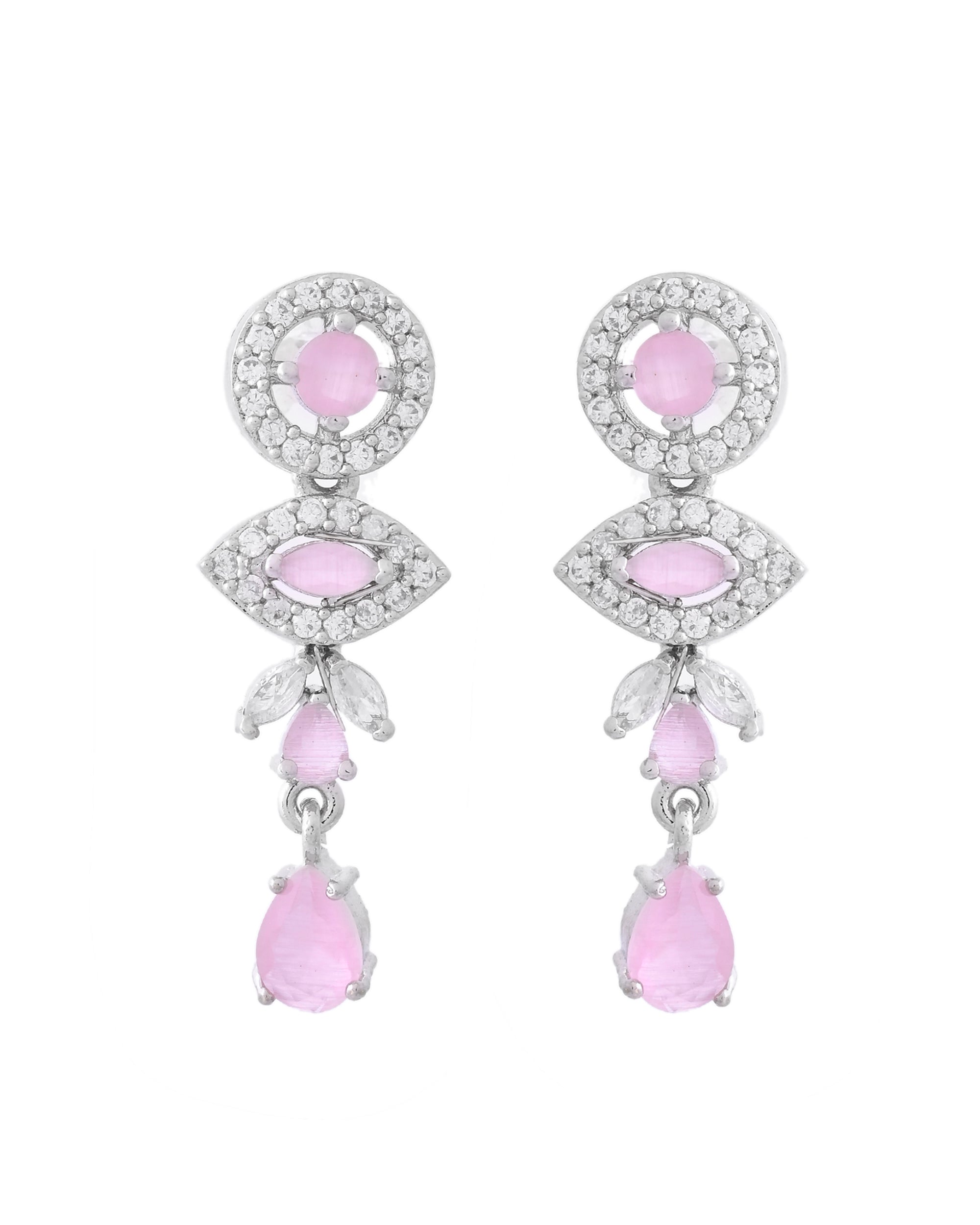 VOJ Silver Toned White And Baby Pink Stone Studded AD Jewellery Set