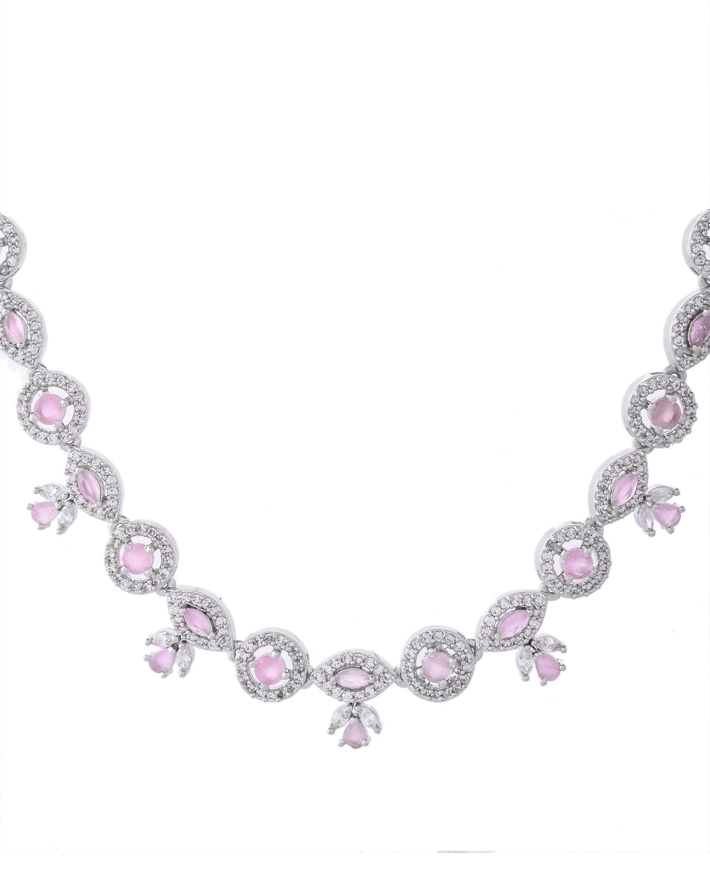 VOJ Silver Toned White And Baby Pink Stone Studded AD Jewellery Set