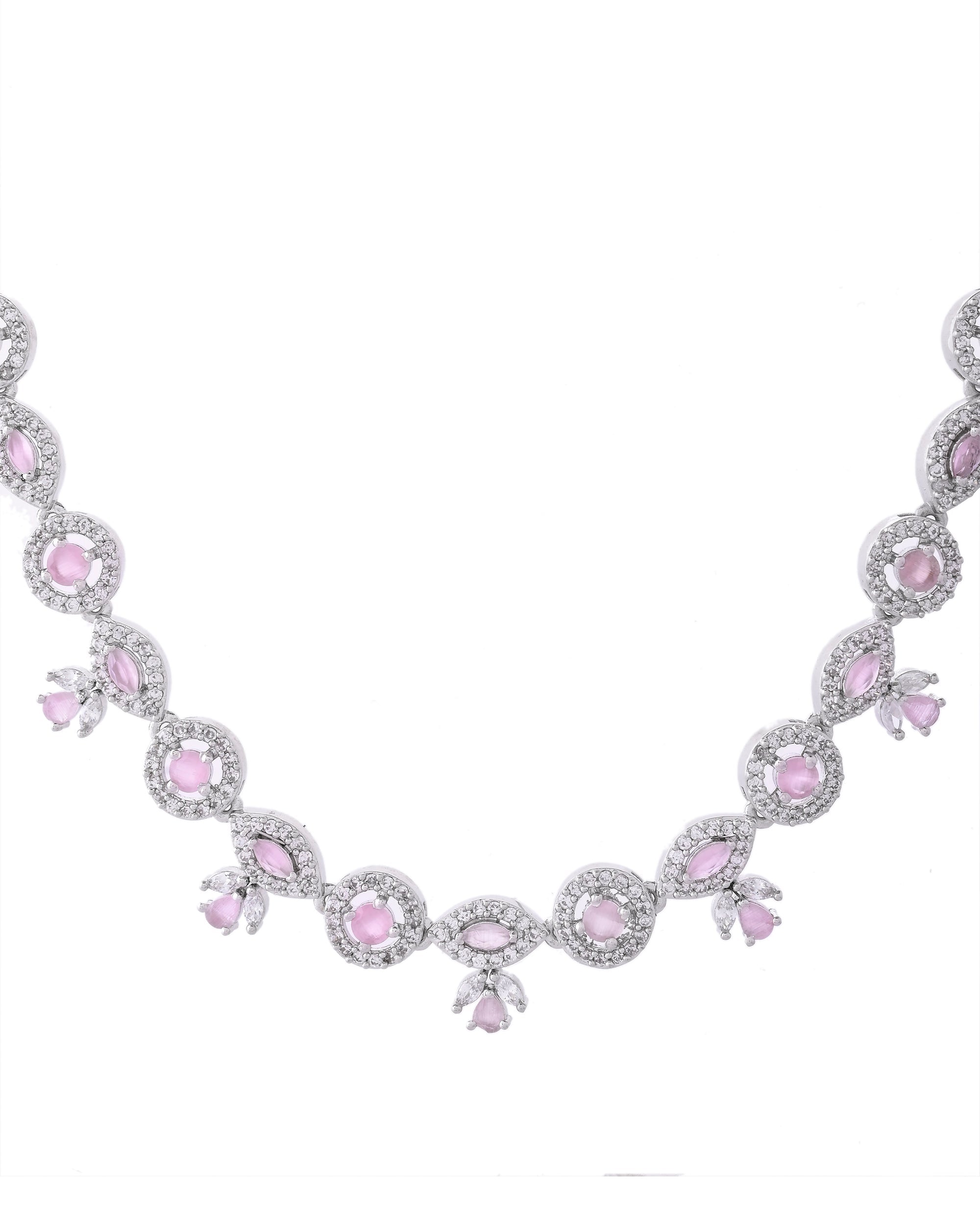 VOJ Silver Toned White And Baby Pink Stone Studded AD Jewellery Set