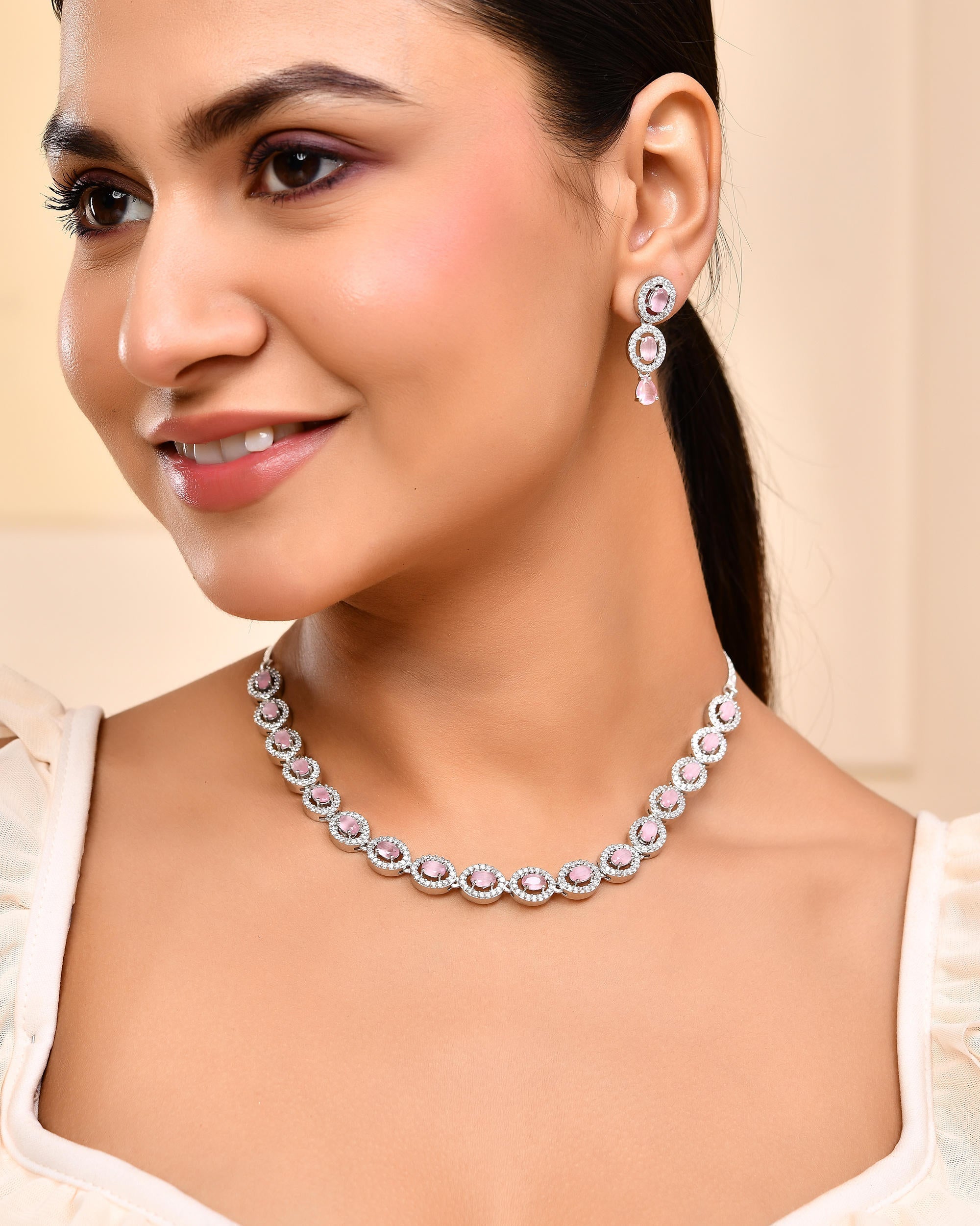 VOJ Silver Toned Baby Pink Stone Studded Circular AD Jewellery Set
