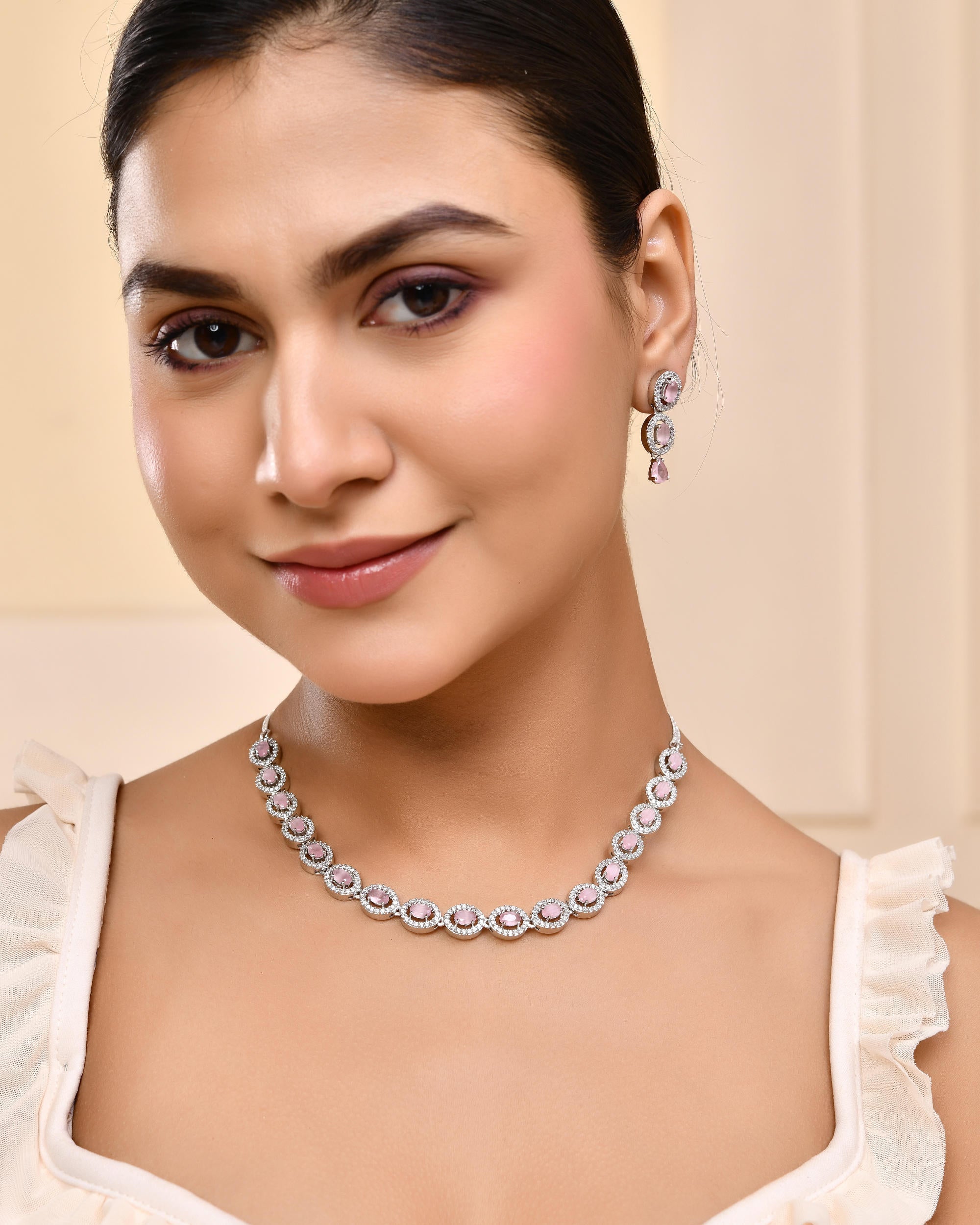 VOJ Silver Toned Baby Pink Stone Studded Circular AD Jewellery Set