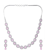 VOJ Silver Toned Baby Pink Stone Studded Circular AD Jewellery Set