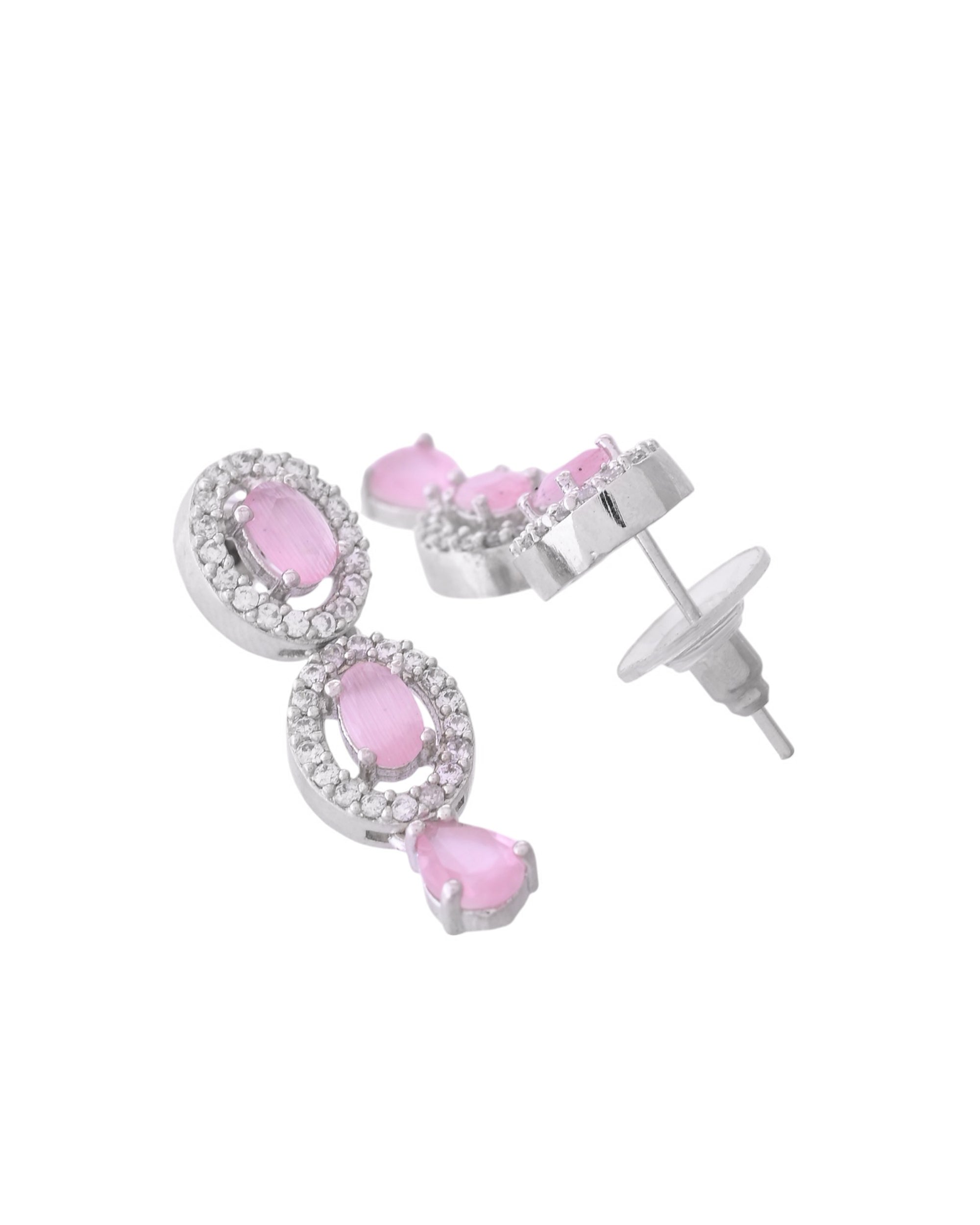 VOJ Silver Toned Baby Pink Stone Studded Circular AD Jewellery Set