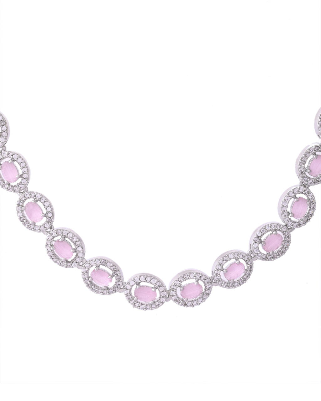 VOJ Silver Toned Baby Pink Stone Studded Circular AD Jewellery Set