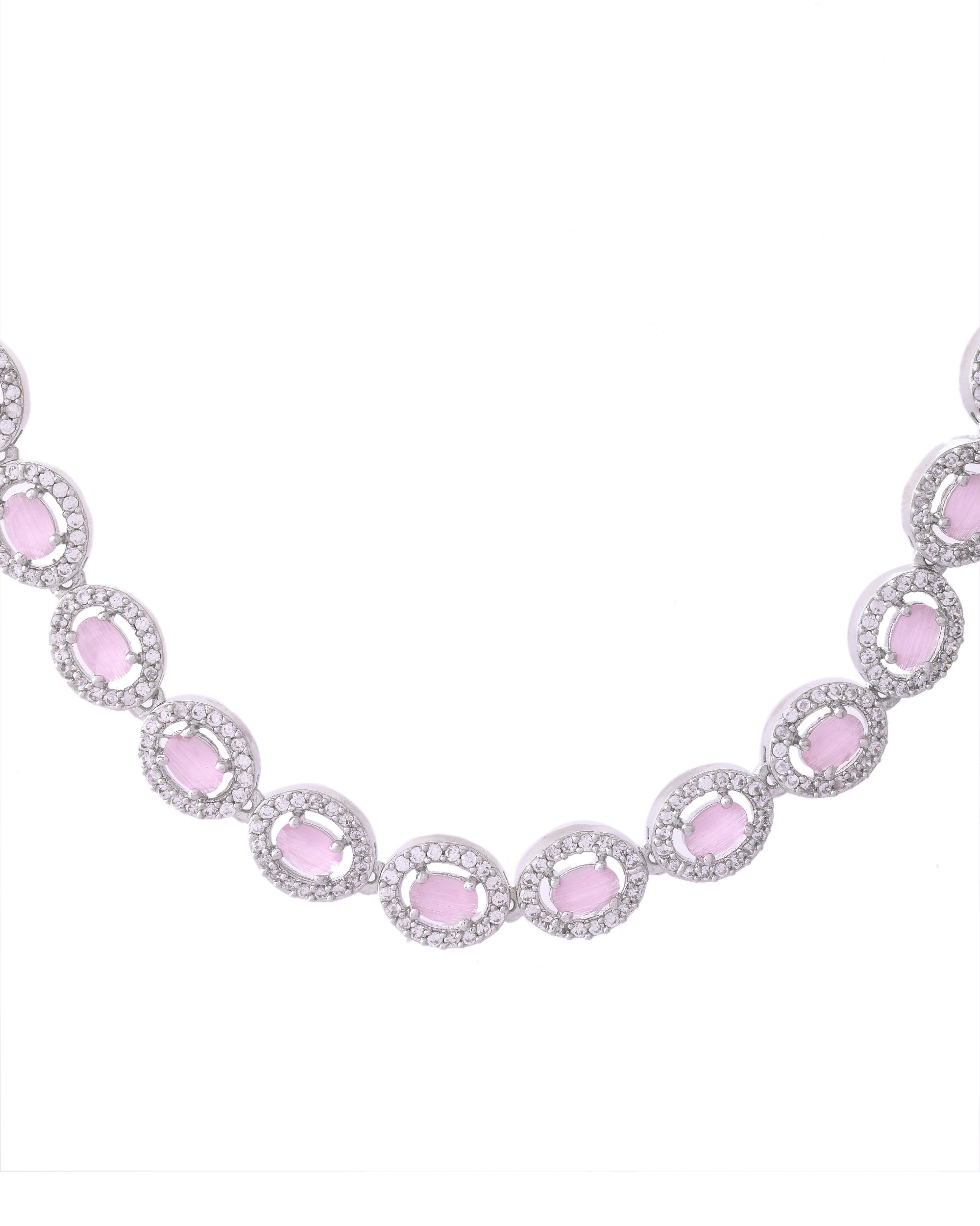 VOJ Silver Toned Baby Pink Stone Studded Circular AD Jewellery Set