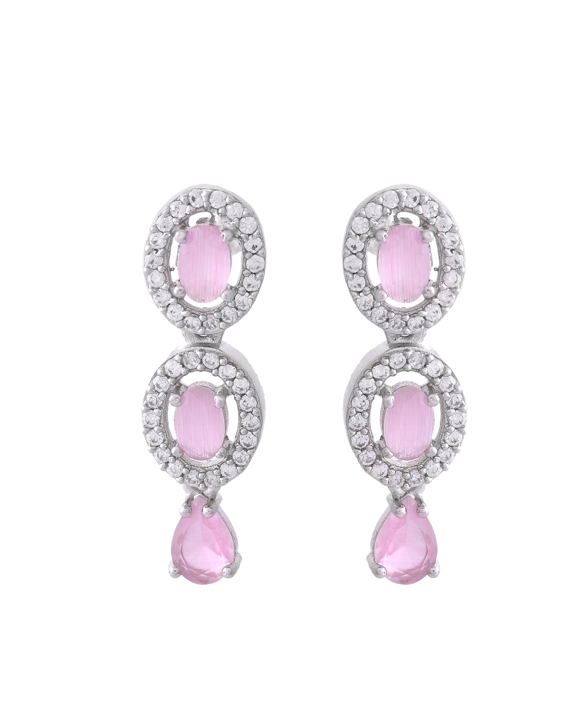 VOJ Silver Toned Baby Pink Stone Studded Circular AD Jewellery Set