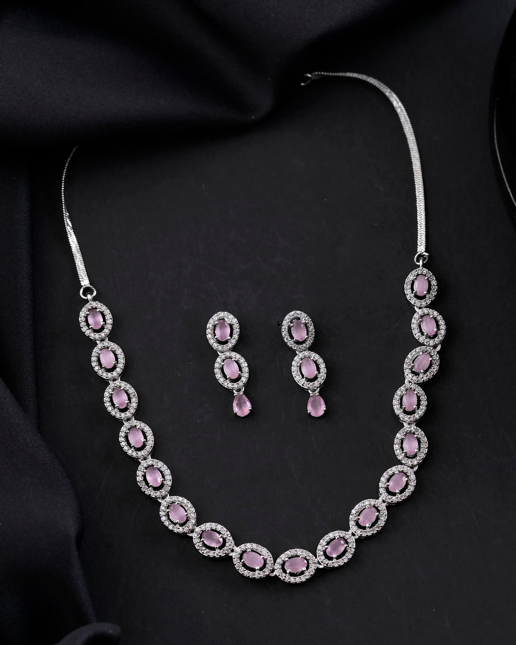 VOJ Silver Toned Baby Pink Stone Studded Circular AD Jewellery Set