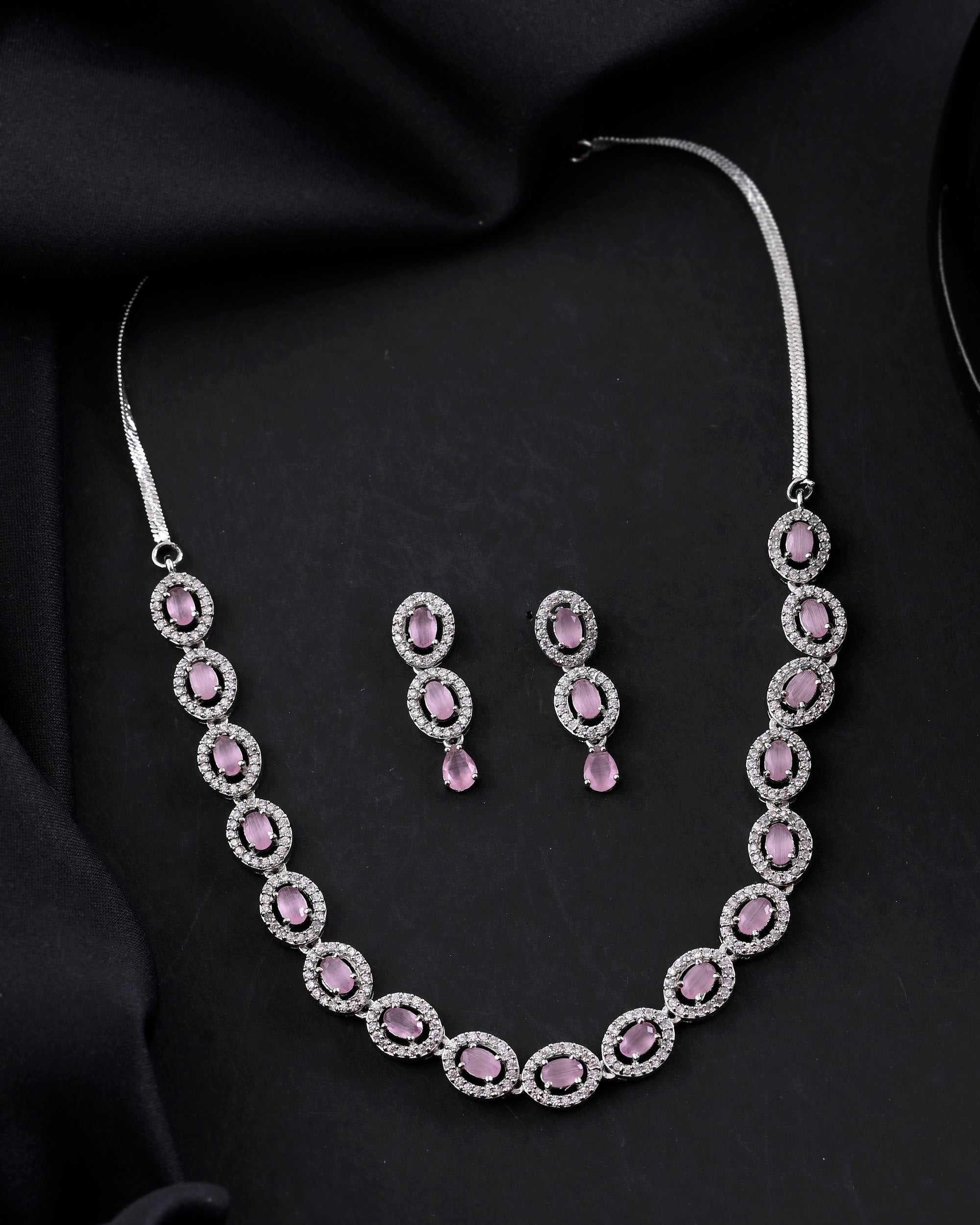 VOJ Silver Toned Baby Pink Stone Studded Circular AD Jewellery Set
