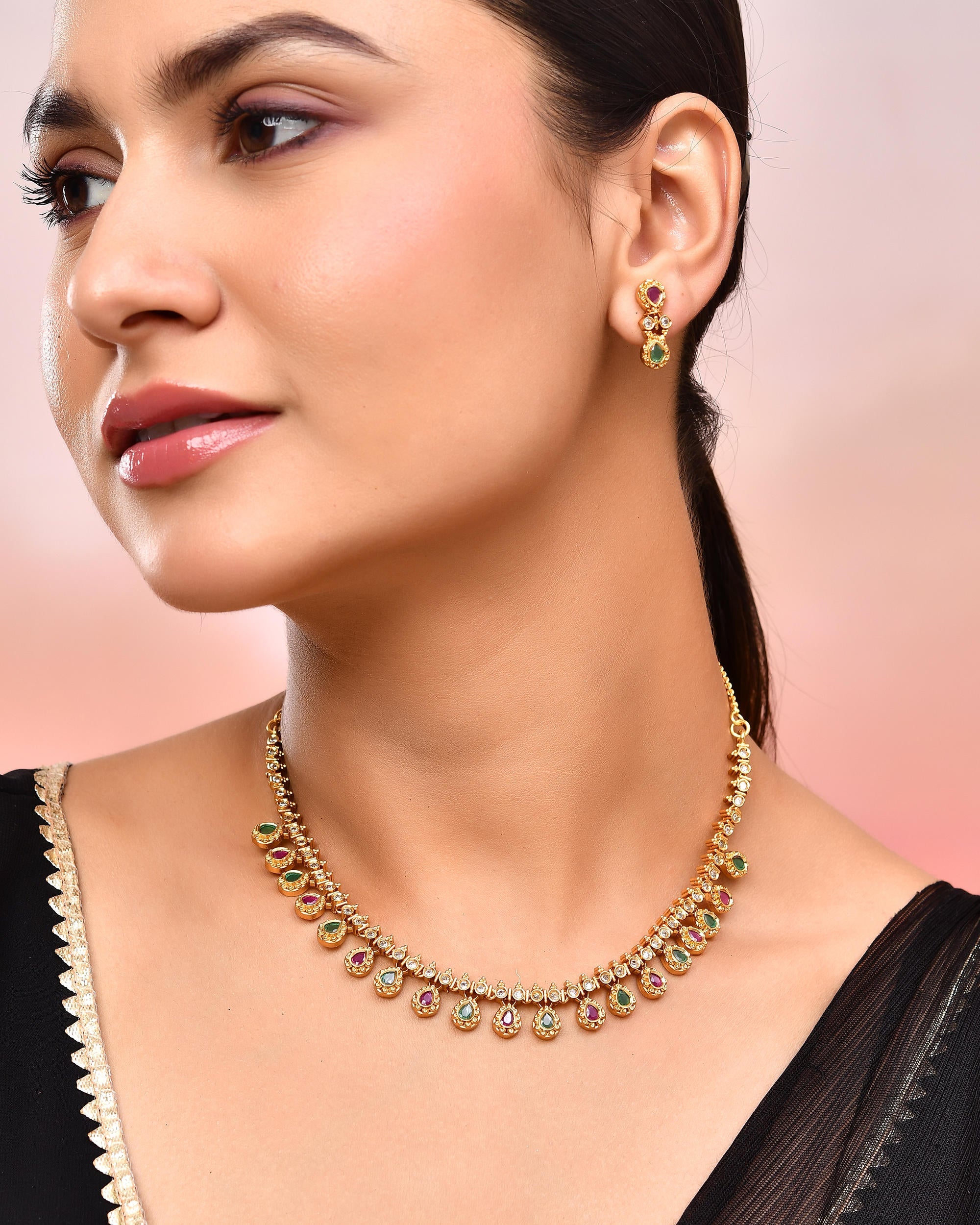 VOJ Gold Toned AD Stone Studded Classic Jewellery Set