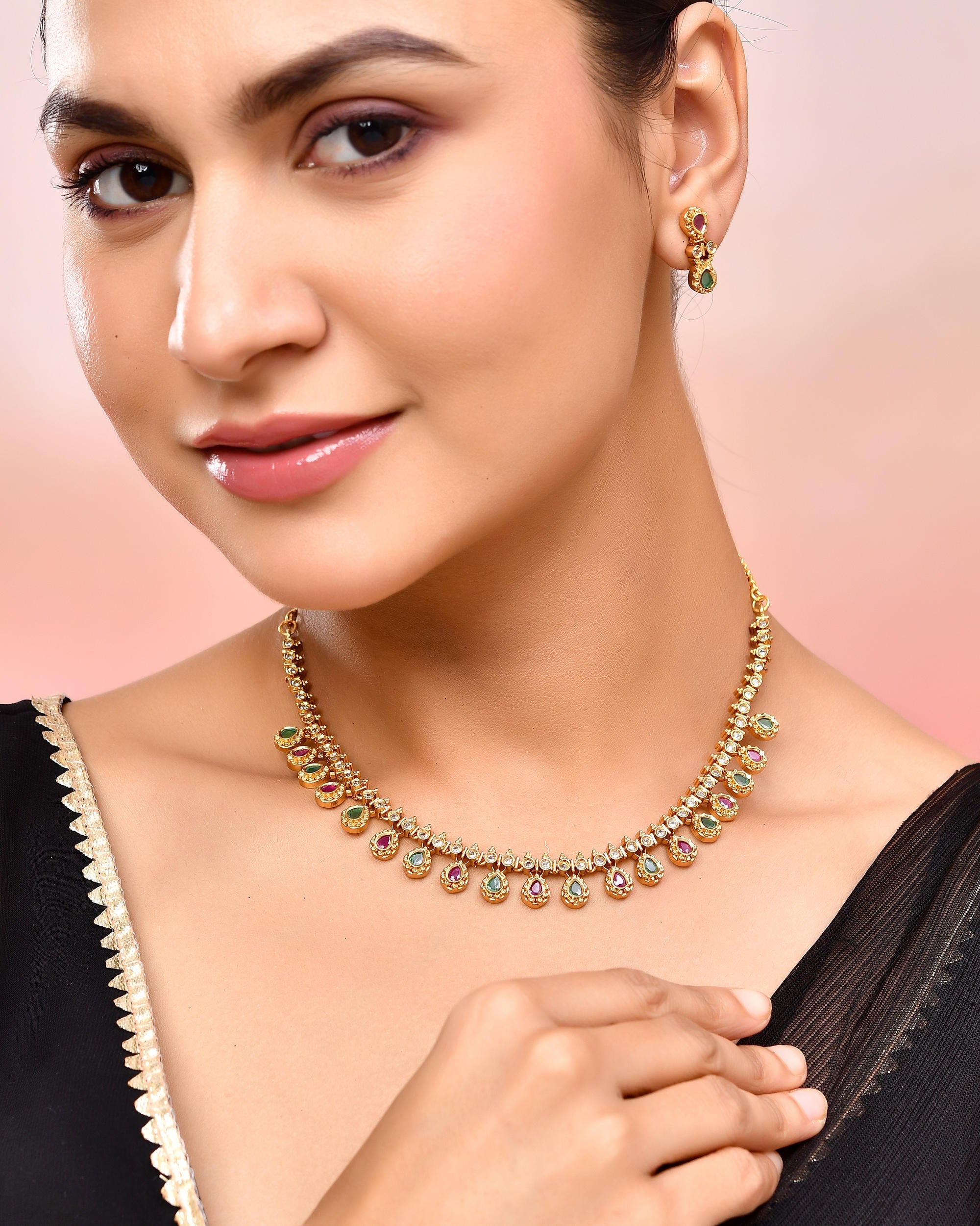 VOJ Gold Toned AD Stone Studded Classic Jewellery Set