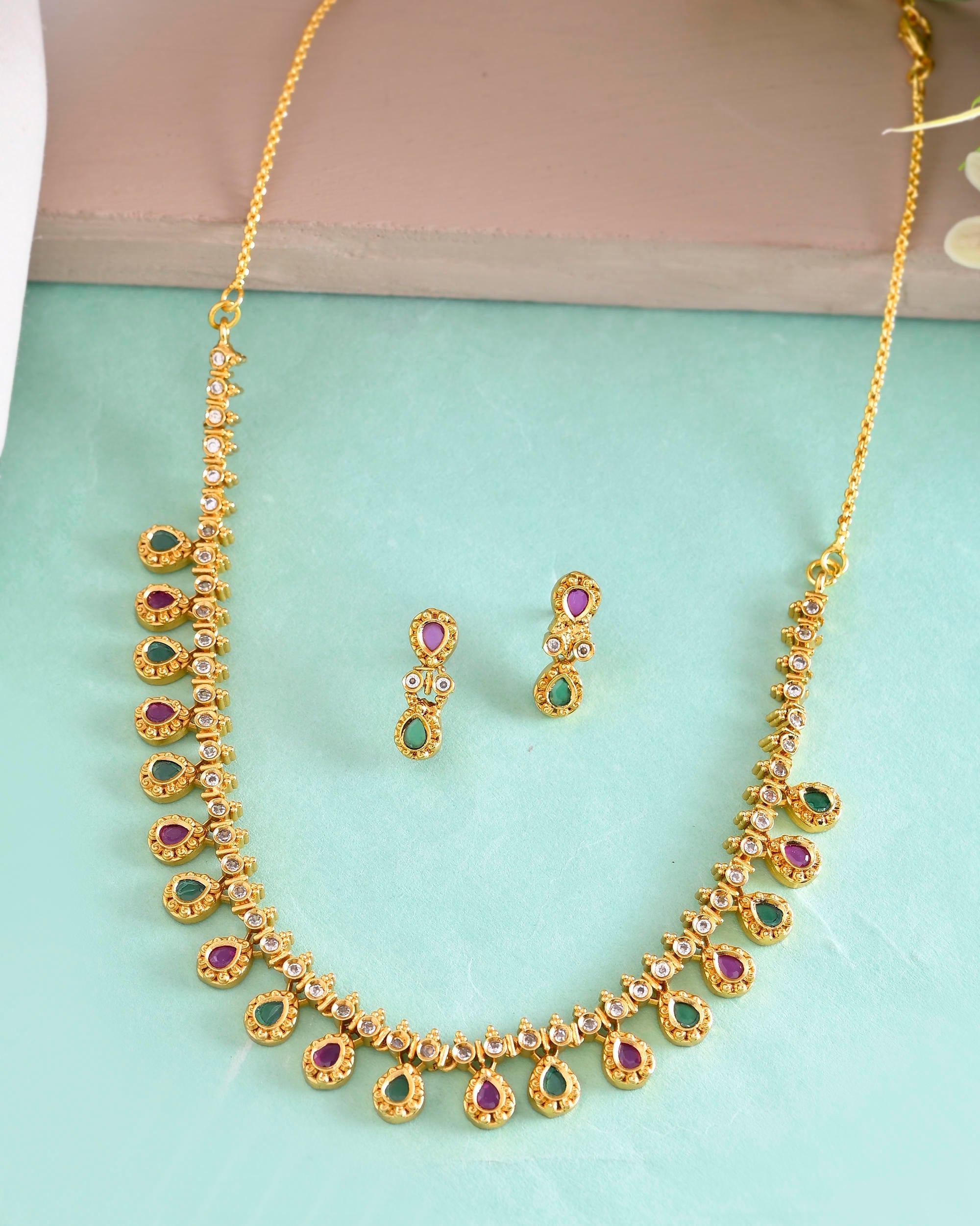 VOJ Gold Toned AD Stone Studded Classic Jewellery Set