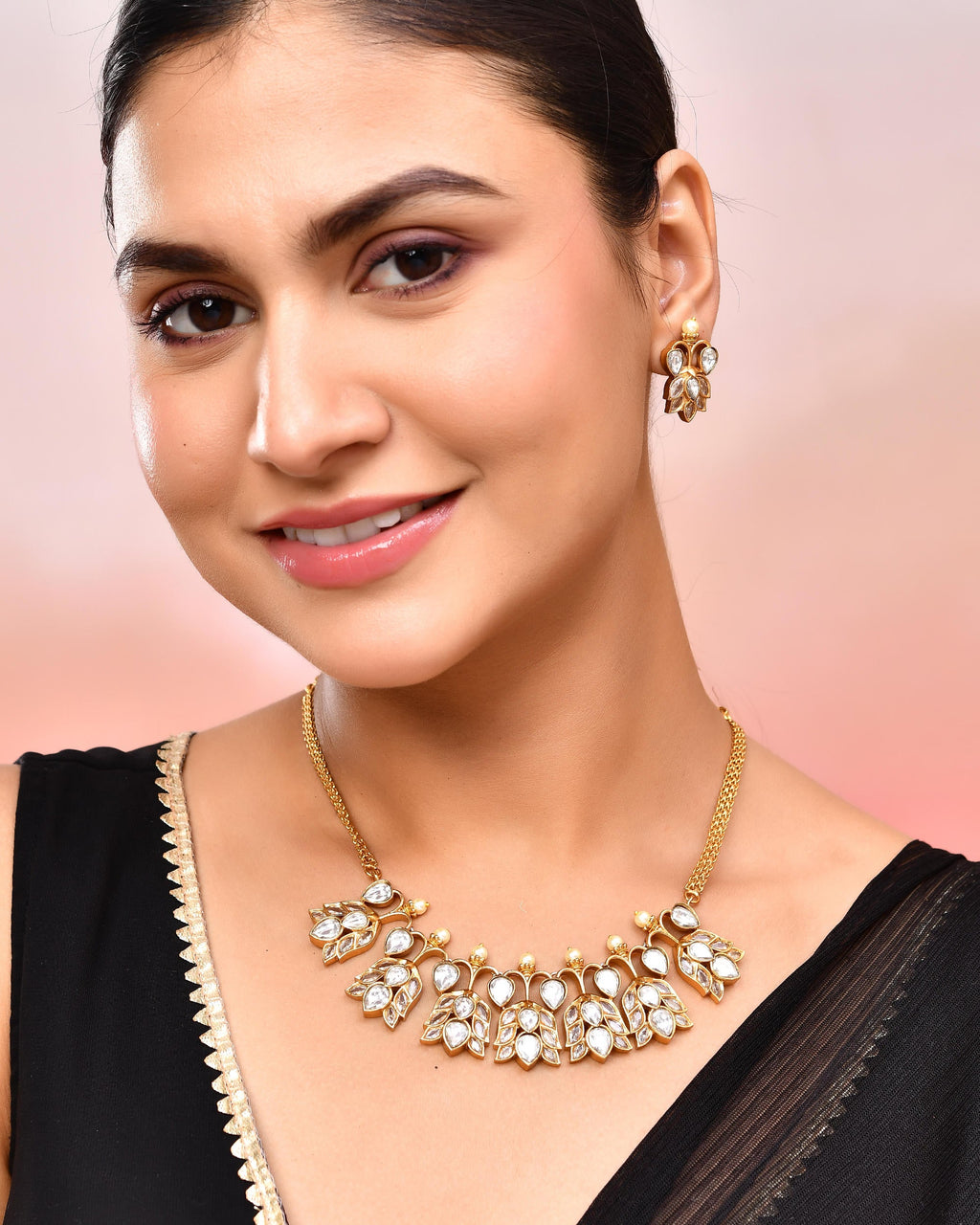 VOJ Gold-Polished Floral Shaped Stone Studded Designer Jewellery Set