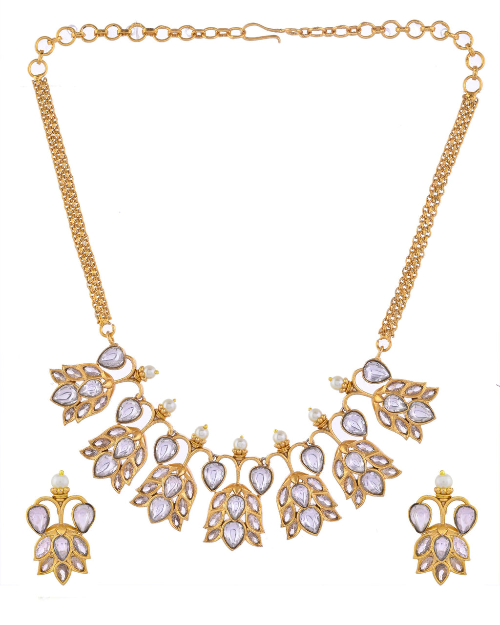 VOJ Gold-Polished Floral Shaped Stone Studded Designer Jewellery Set