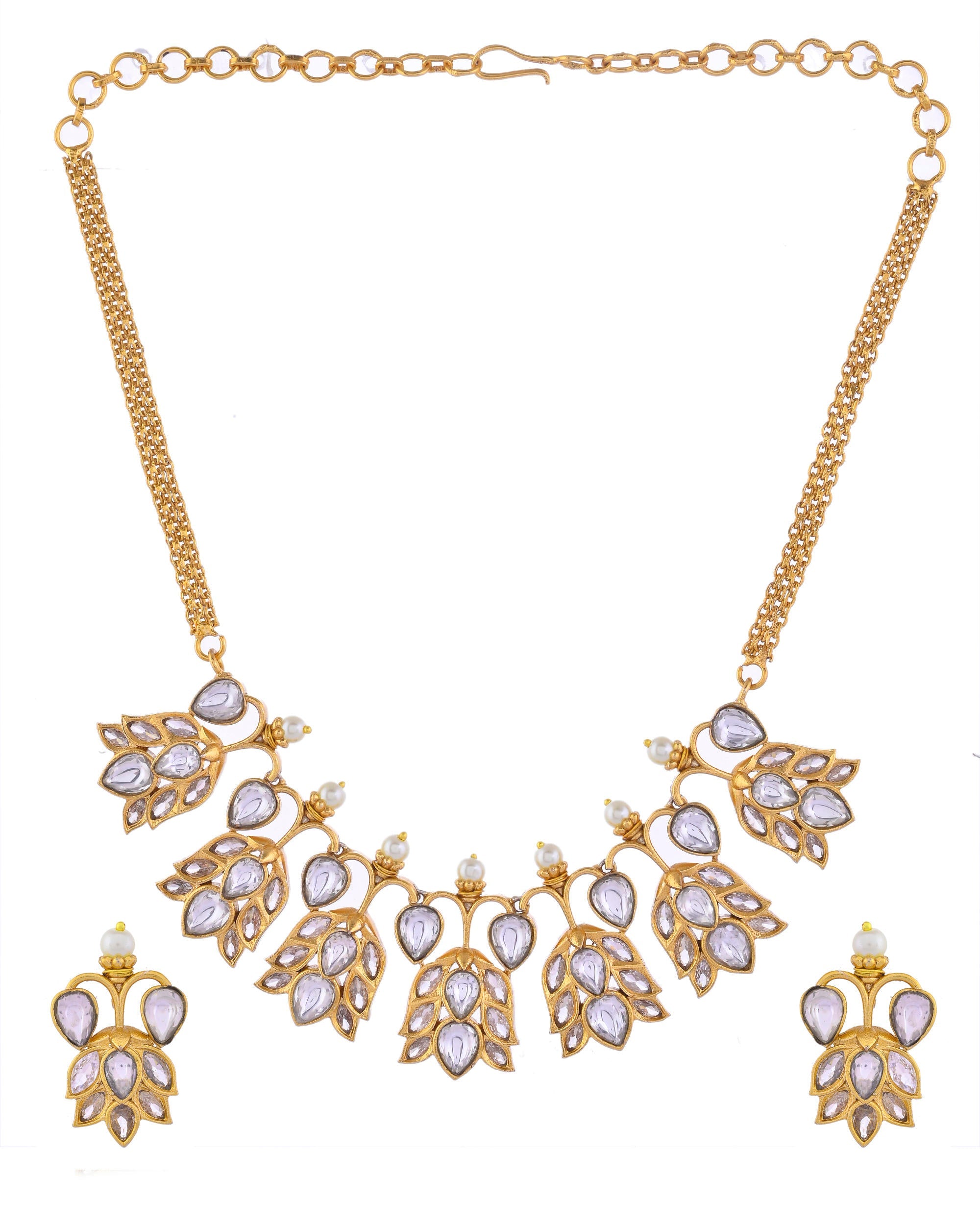 VOJ Gold-Polished Floral Shaped Stone Studded Designer Jewellery Set