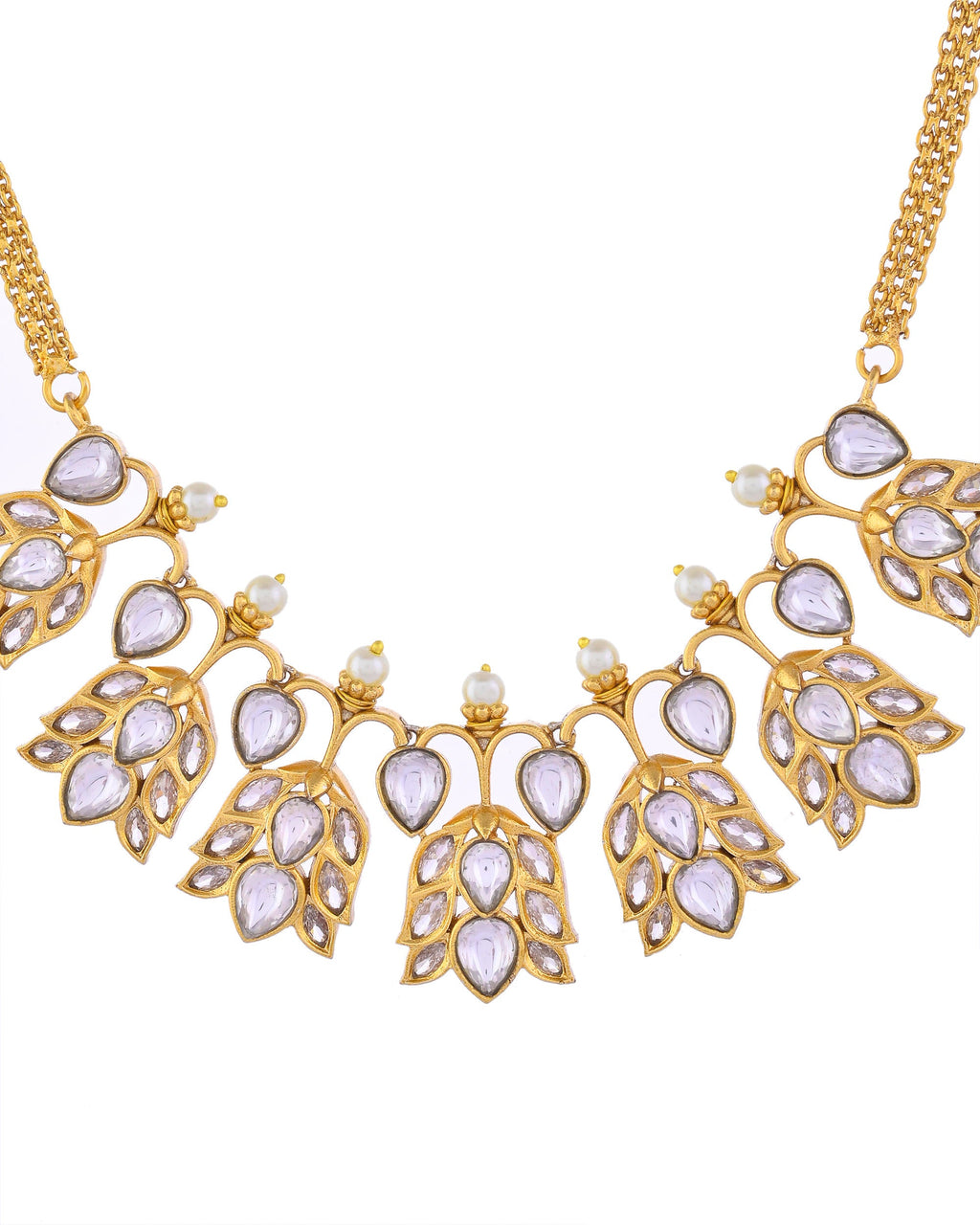 VOJ Gold-Polished Floral Shaped Stone Studded Designer Jewellery Set