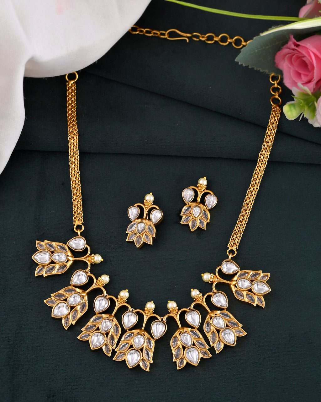 VOJ Gold-Polished Floral Shaped Stone Studded Designer Jewellery Set