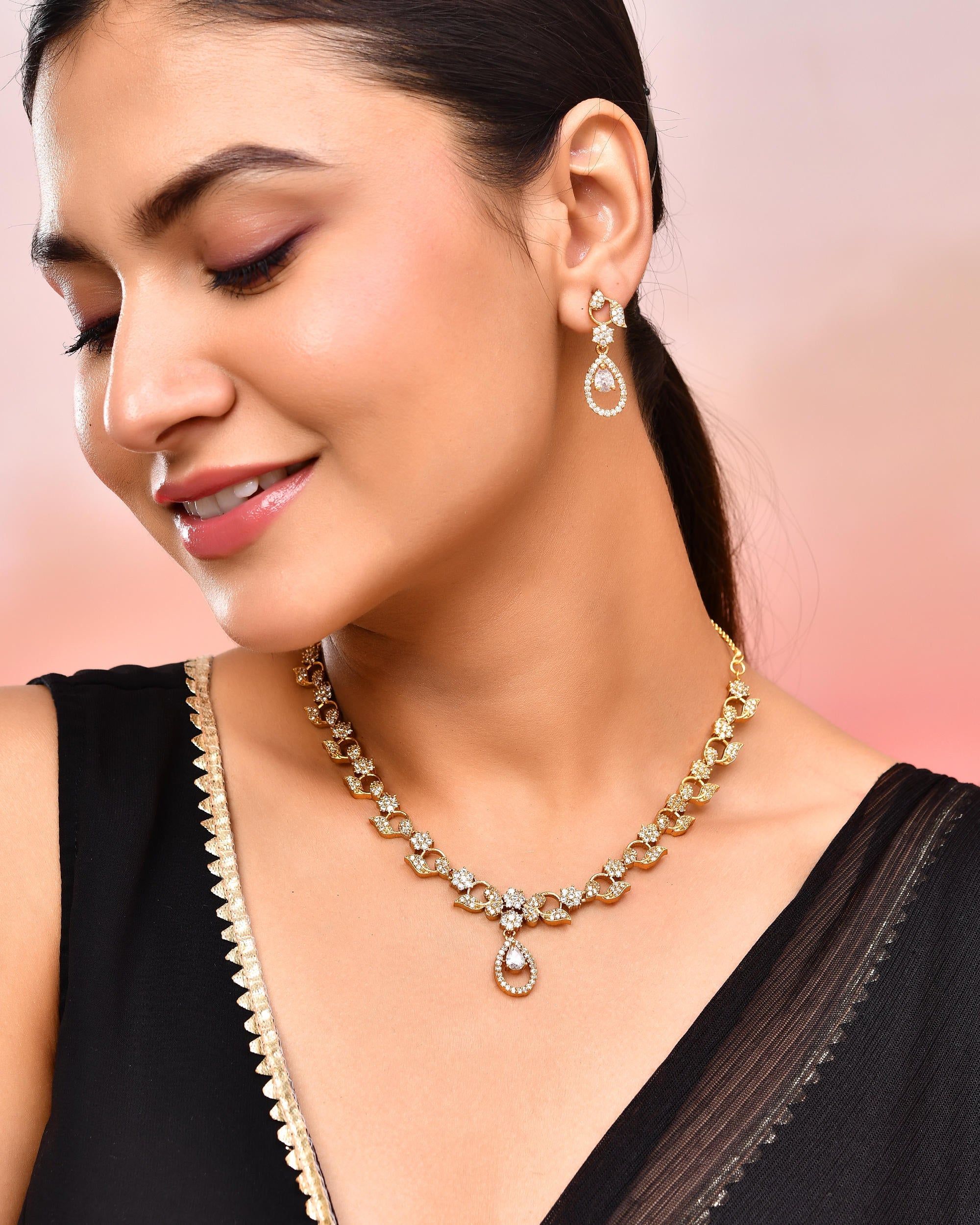VOJ Gold-Polished Floral Shaped AD Studded Elgent Jewellery Set
