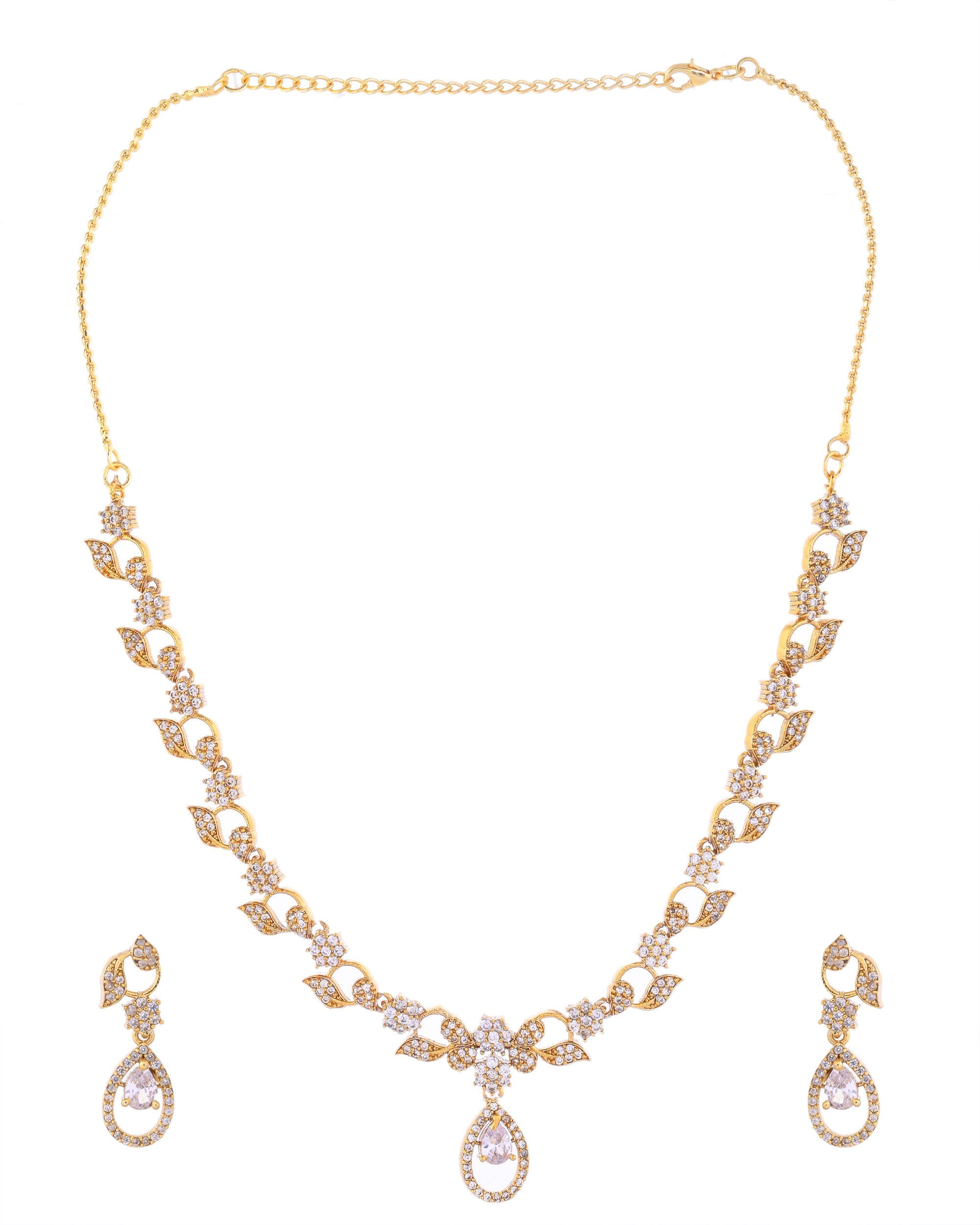 VOJ Gold-Polished Floral Shaped AD Studded Elgent Jewellery Set