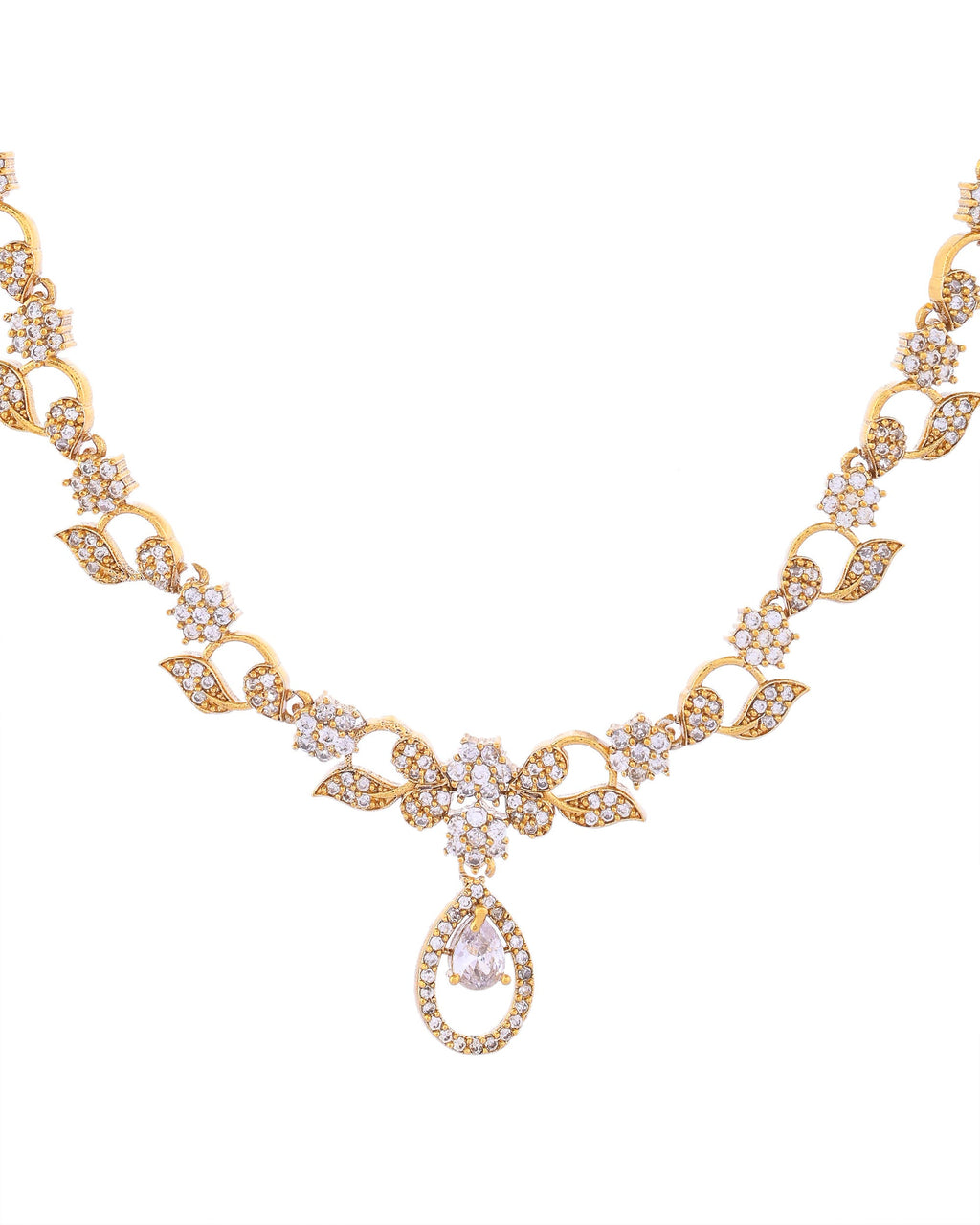VOJ Gold-Polished Floral Shaped AD Studded Elgent Jewellery Set