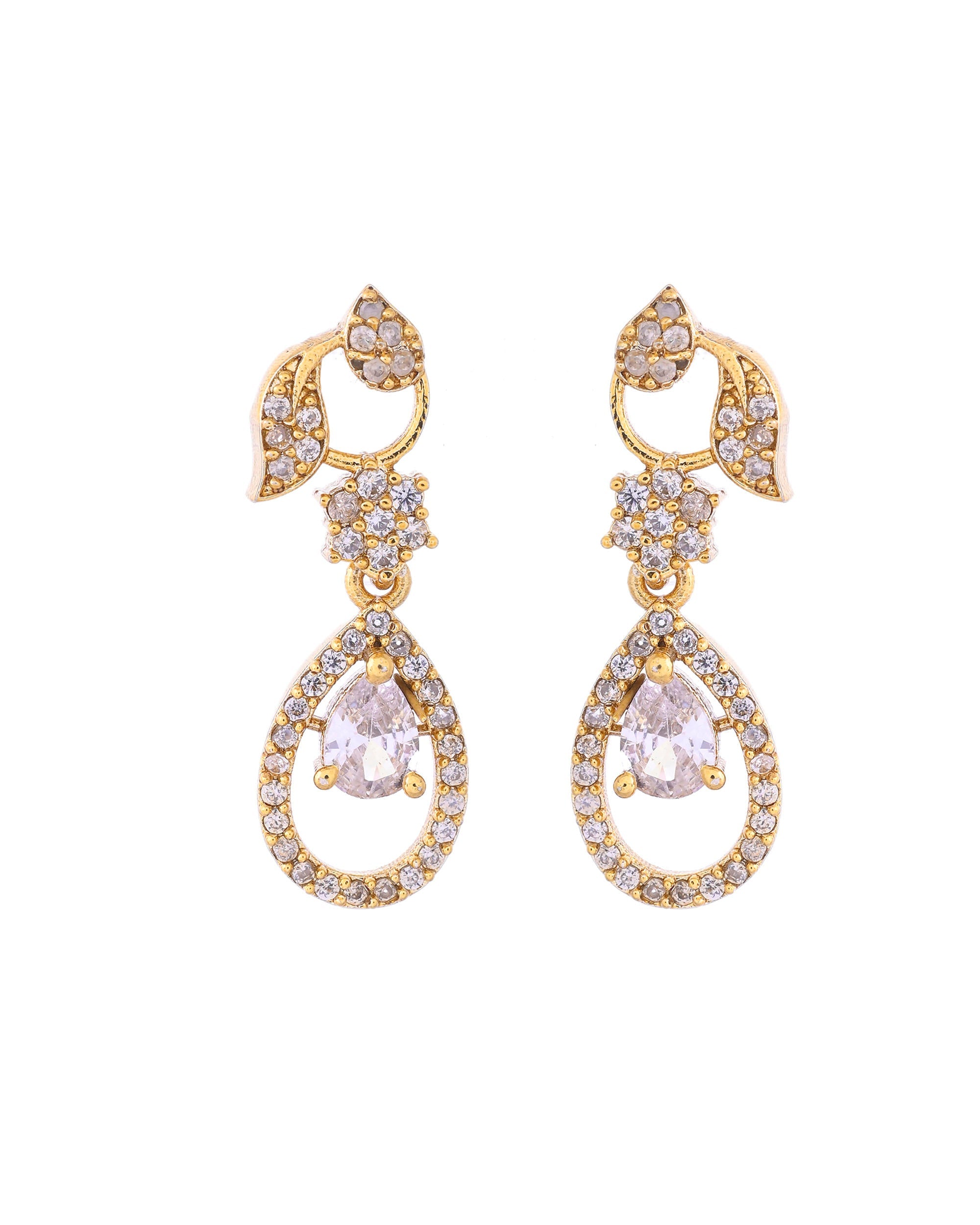 VOJ Gold-Polished Floral Shaped AD Studded Elgent Jewellery Set