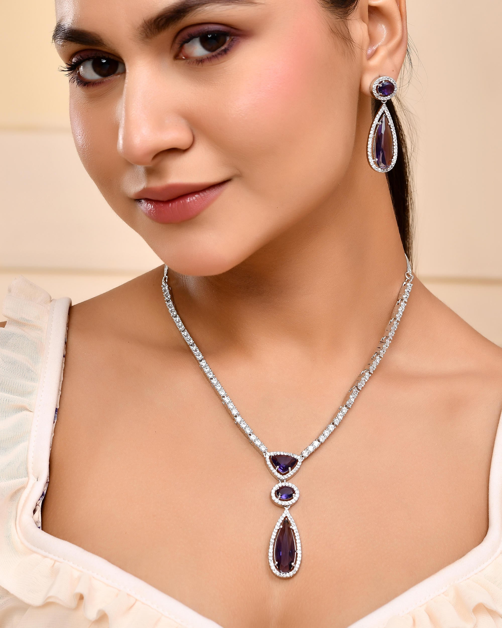 VOJ Silver Plated Purple AD & Cubic Zirconia Studded Necklace Set