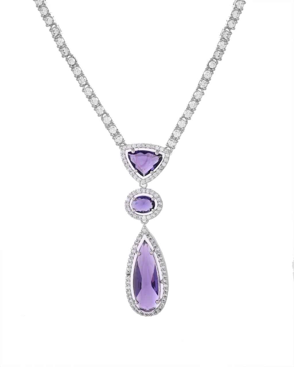 VOJ Silver Plated Purple AD & Cubic Zirconia Studded Necklace Set