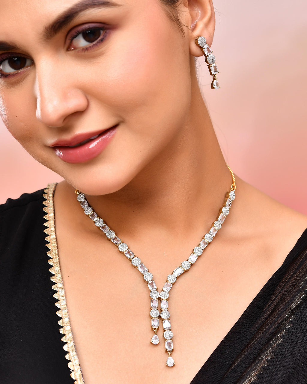 VOJ Gold Toned AD Stone Studded Necklace Set