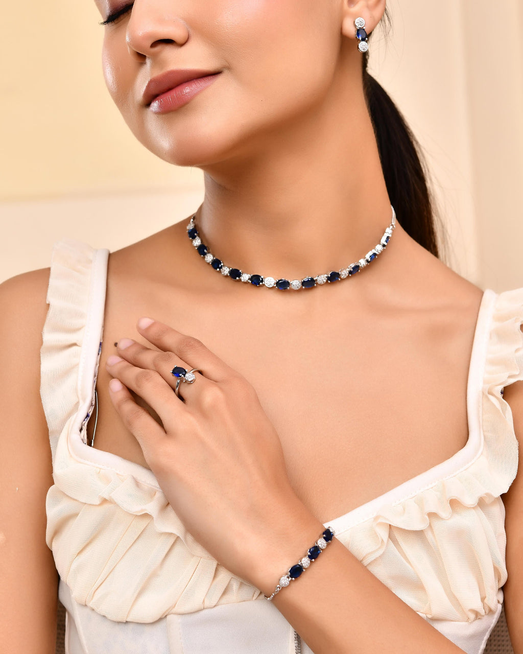 VOJ Silver Plated Blue Stone Studded Necklace Set With Ring And bracelet