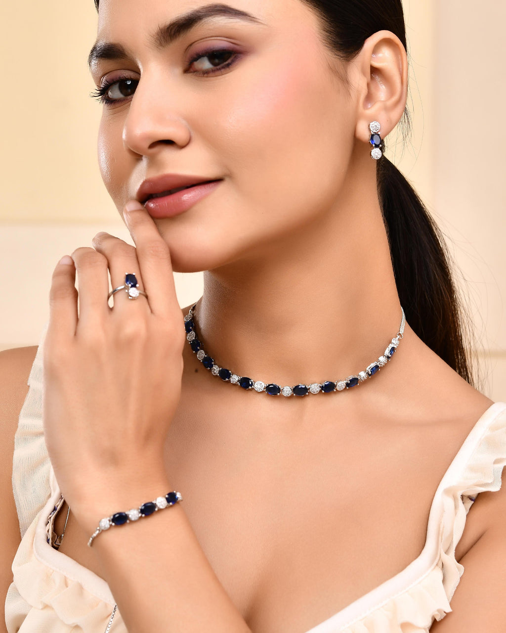 VOJ Silver Plated Blue Stone Studded Necklace Set With Ring And bracelet
