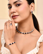 VOJ Silver Plated Blue Stone Studded Necklace Set With Ring And bracelet