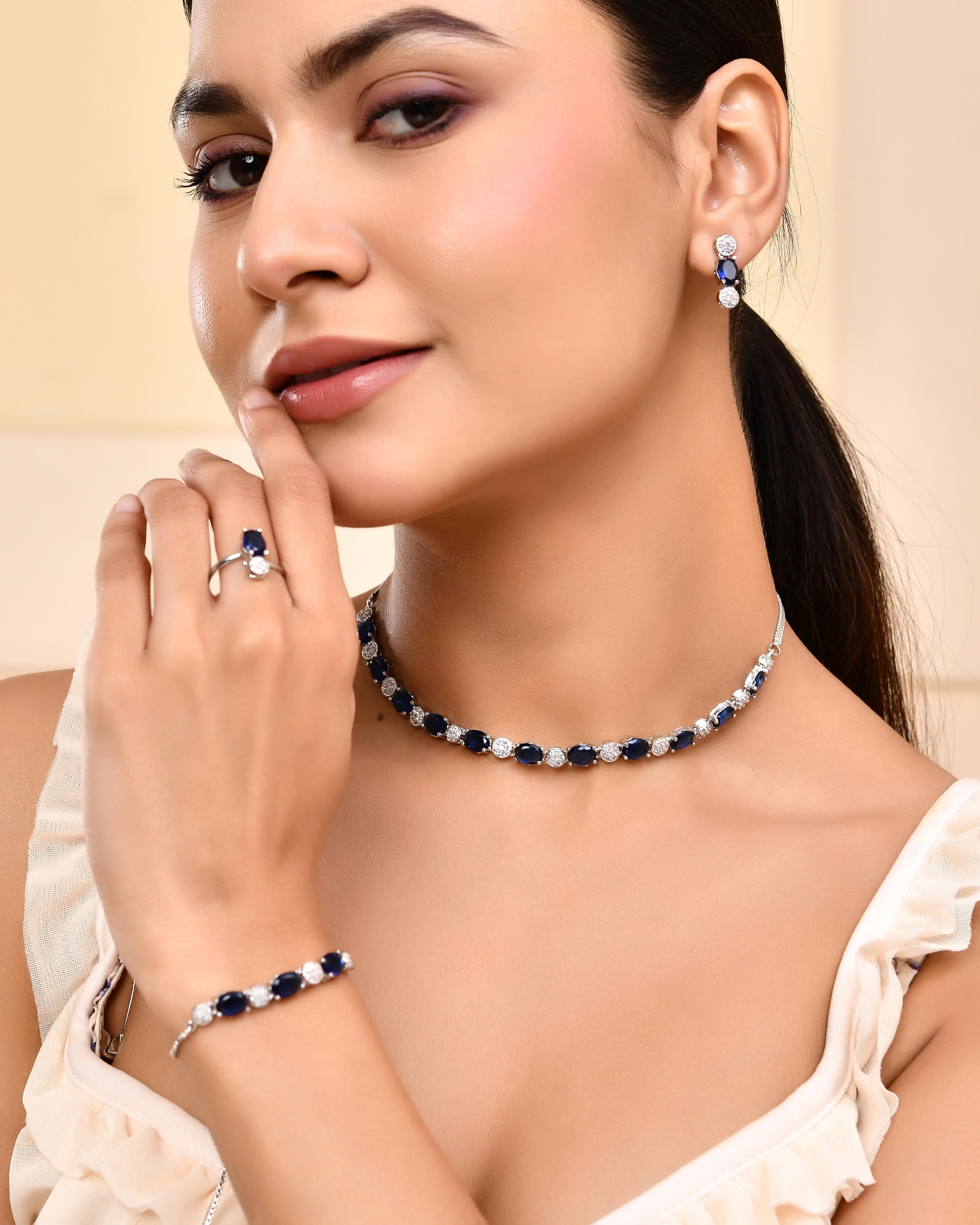 VOJ Silver Plated Blue Stone Studded Necklace Set With Ring And bracelet