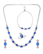 VOJ Silver Plated Blue Stone Studded Necklace Set With Ring And bracelet