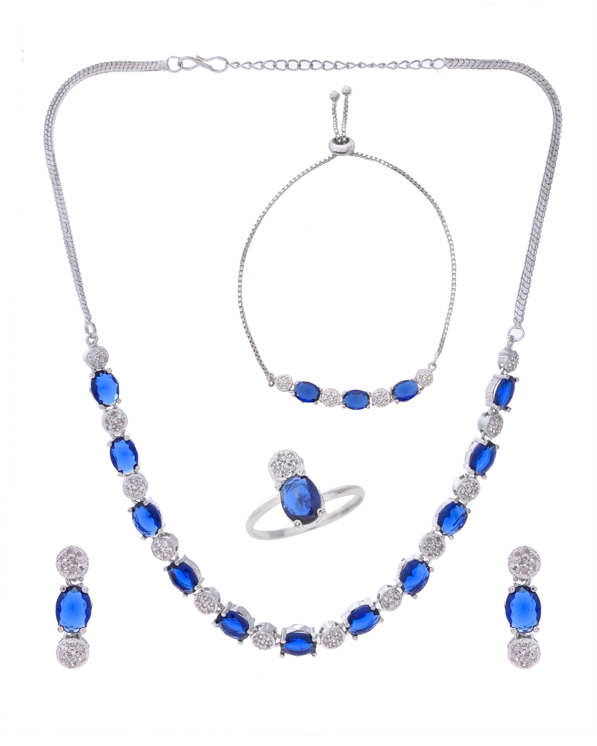 VOJ Silver Plated Blue Stone Studded Necklace Set With Ring And bracelet