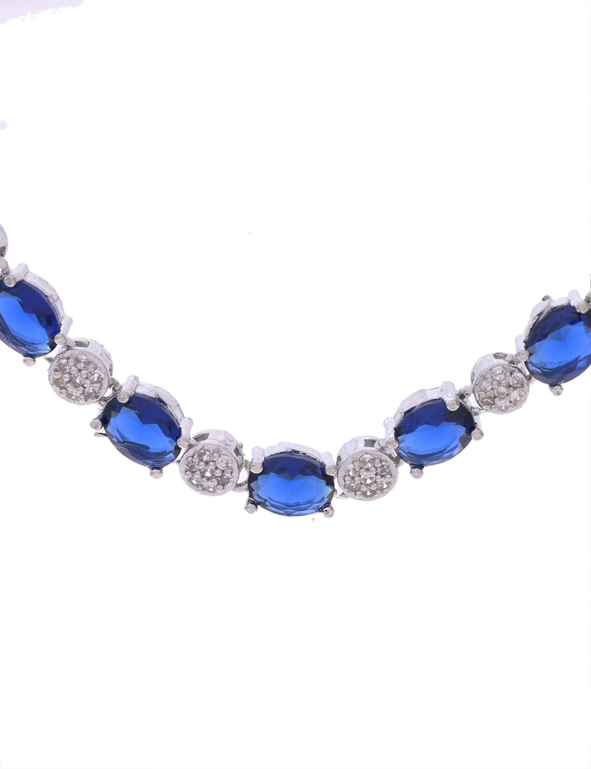 VOJ Silver Plated Blue Stone Studded Necklace Set With Ring And bracelet