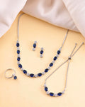 VOJ Silver Plated Blue Stone Studded Necklace Set With Ring And bracelet