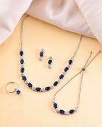 VOJ Silver Plated Blue Stone Studded Necklace Set With Ring And bracelet