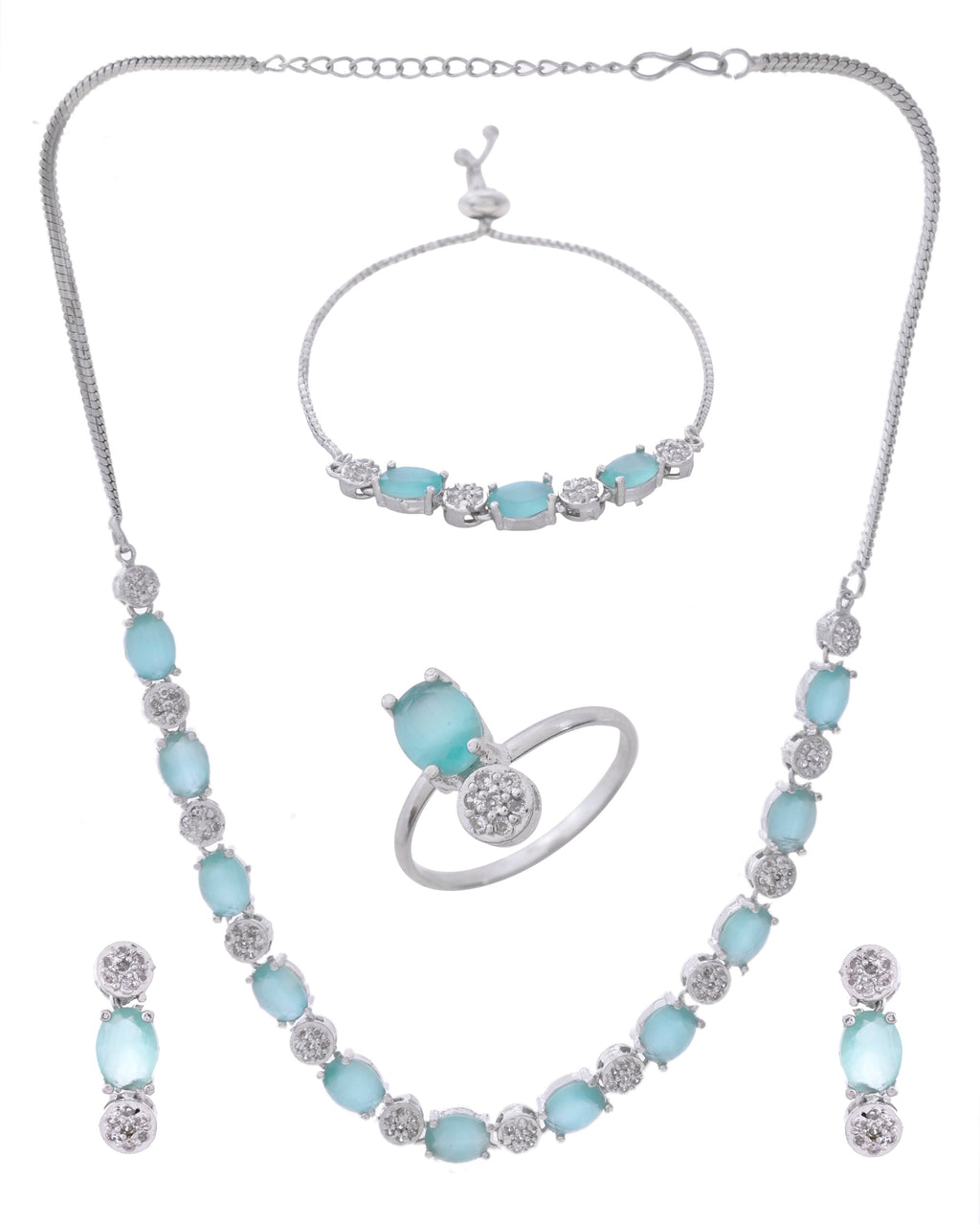VOJ Silver Plated Teal Stone Studded Necklace Set With Ring And bracelet
