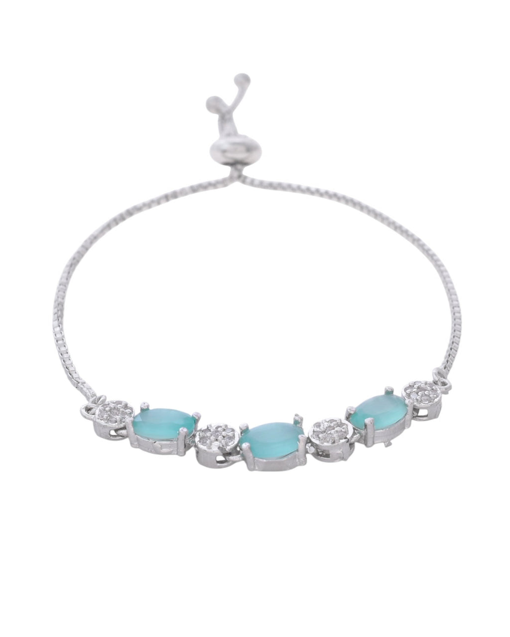 VOJ Silver Plated Teal Stone Studded Necklace Set With Ring And bracelet