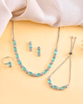 VOJ Silver Plated Teal Stone Studded Necklace Set With Ring And bracelet